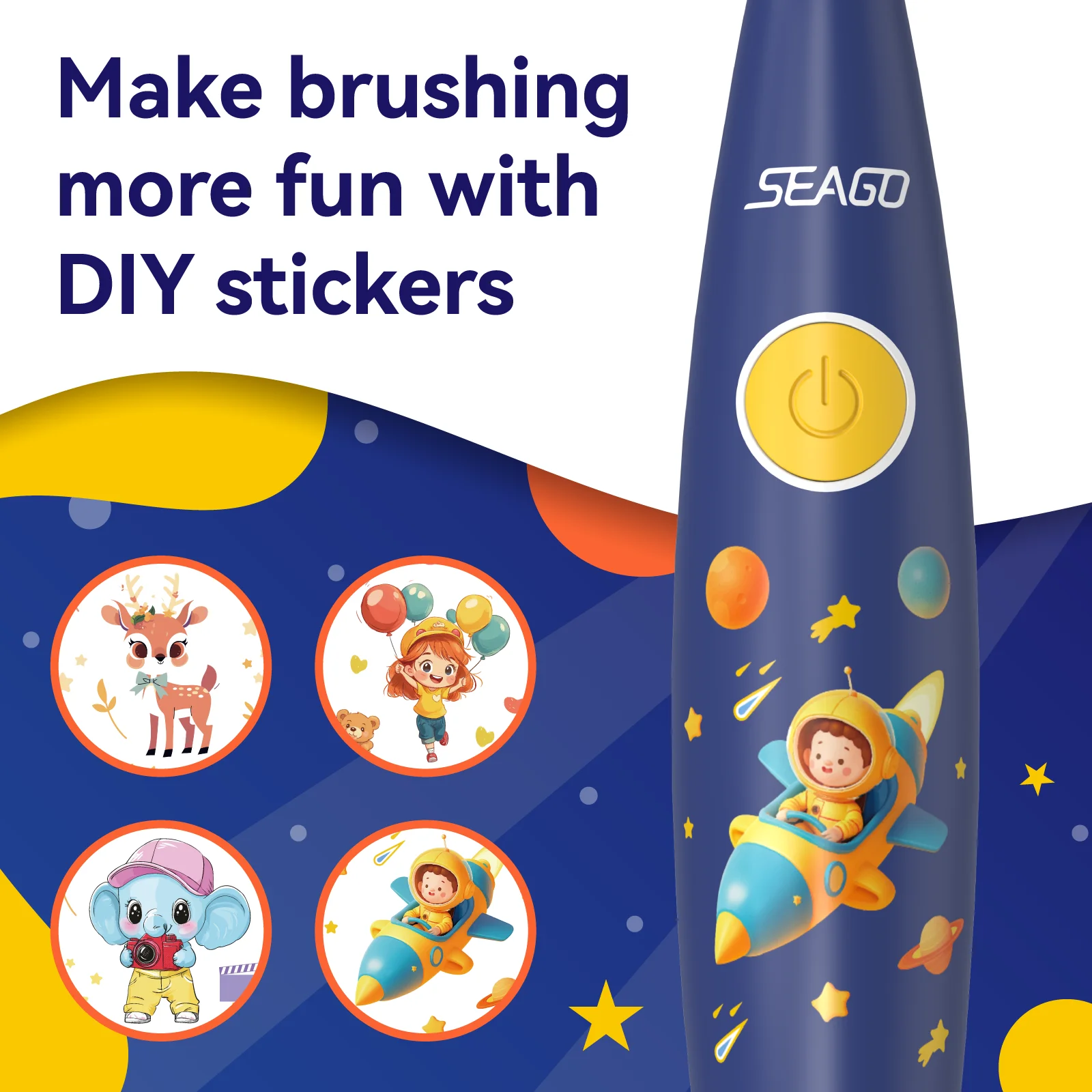 Seago Kids Electric Toothbrush with Sticker LED Colorful/Observing Light 3 Modes Smart Timer Waterproof Teeth Clean for Child - Image 2
