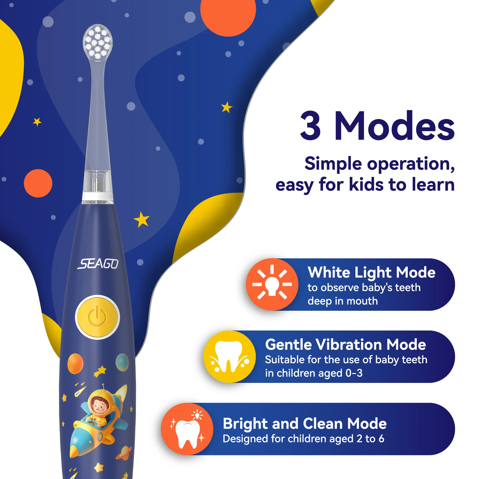 Seago Kids Electric Toothbrush with Sticker LED Colorful/Observing Light 3 Modes Smart Timer Waterproof Teeth Clean for Child - Image 4