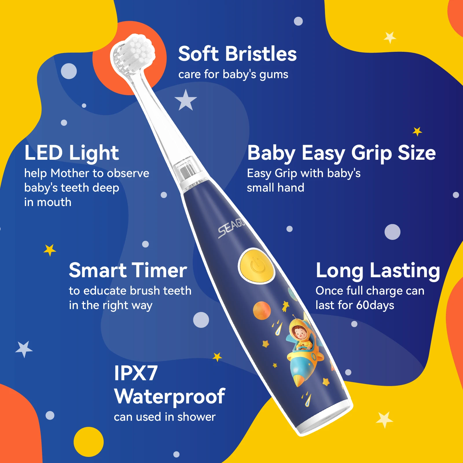 Seago Kids Electric Toothbrush with Sticker LED Colorful/Observing Light 3 Modes Smart Timer Waterproof Teeth Clean for Child - Image 3