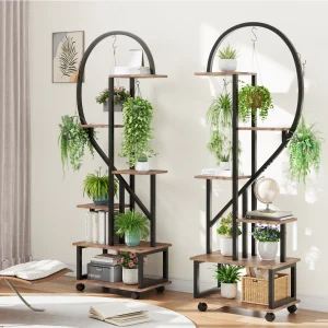 Set of 2 Indoor Plant Stand with Wheels, 172cm Metal Frame Wood Shelves 6 Tiers Half Heart-Shaped Plant Shelf for Garden Balcony