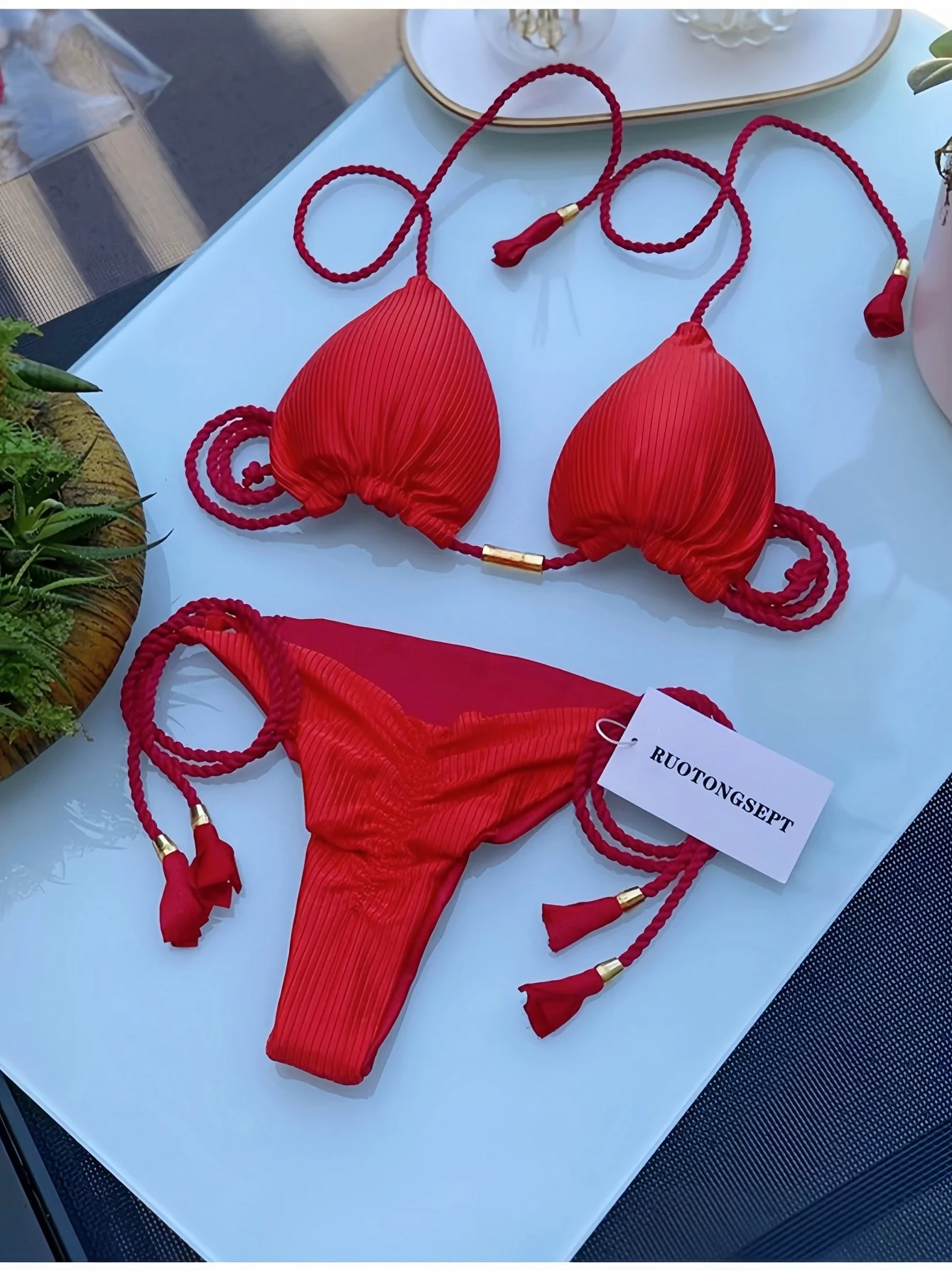 Sexy Braiding rope Bandage Solid Bikini Set Women Swimsuit Pit strip fabric Triangle Swimwear Bathing Suit Brazilian Biquinis
