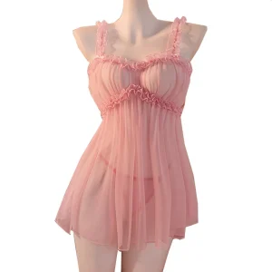 Sexy Lace Bow Adult Dress Babydoll Women Pink Sweet Nightdress Erotic Outfits For Night Sex Sleepdress And Thongs Lingerie Sets