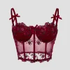 Sexy Lace Floral Embroidery Bow Fishbone Corset Women Camisole Sheer Mesh Slim Crop Top,Wired Bra Hollow Out Halter Strappy Vest
