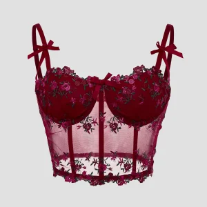 Sexy Lace Floral Embroidery Bow Fishbone Corset Women Camisole Sheer Mesh Slim Crop Top,Wired Bra Hollow Out Halter Strappy Vest