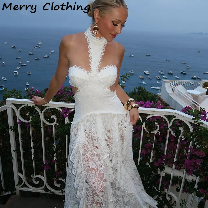 Sexy Lace Patchwork Dress Women Hollow Out Sleeveless Party Club Long Skirt See Through Halter Evening Gown Vacation Lady Robes - Image 2