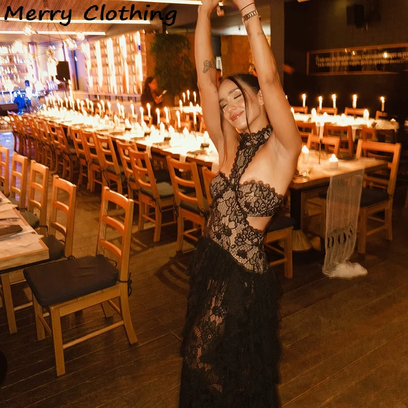 Sexy Lace Patchwork Dress Women Hollow Out Sleeveless Party Club Long Skirt See Through Halter Evening Gown Vacation Lady Robes - Image 6