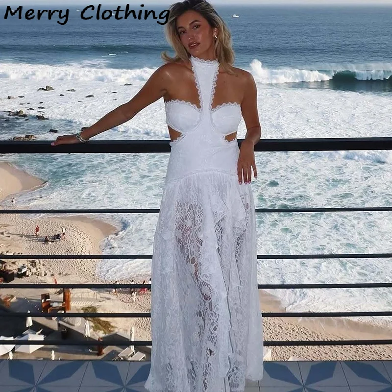 Sexy Lace Patchwork Dress Women Hollow Out Sleeveless Party Club Long Skirt See Through Halter Evening Gown Vacation Lady Robes - Image 3