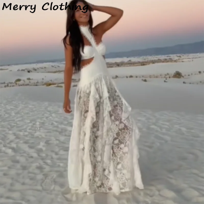 Sexy Lace Patchwork Dress Women Hollow Out Sleeveless Party Club Long Skirt See Through Halter Evening Gown Vacation Lady Robes - Image 4