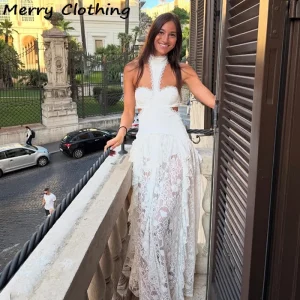 Sexy Lace Patchwork Dress Women Hollow Out Sleeveless Party Club Long Skirt See Through Halter Evening Gown Vacation Lady Robes