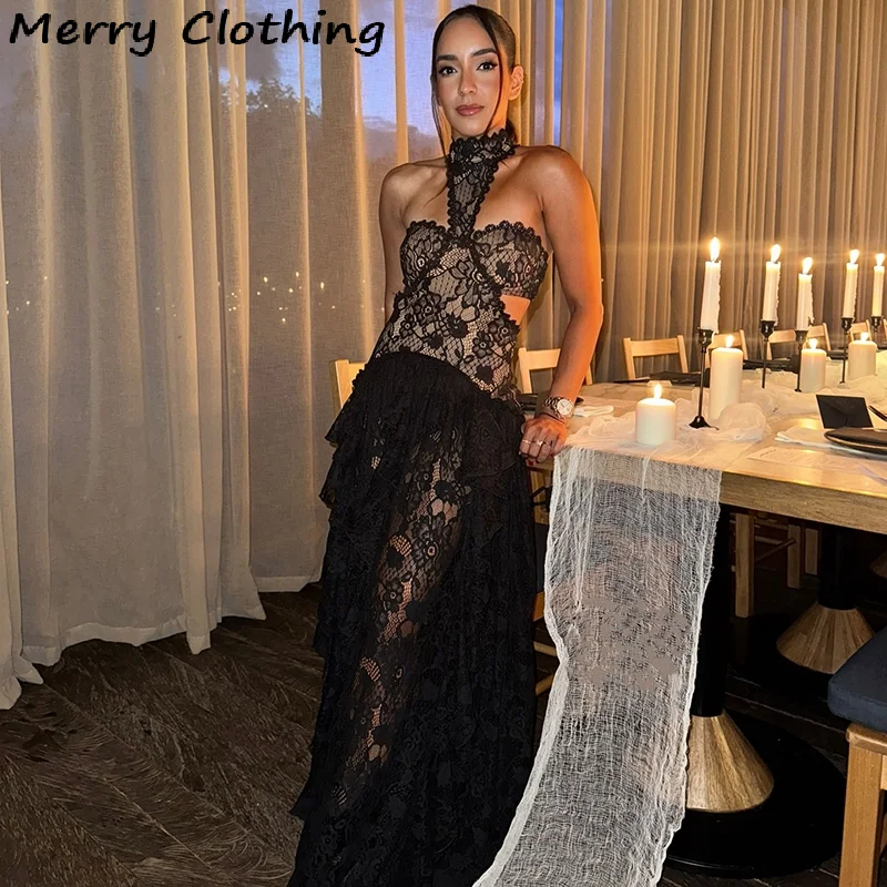 Sexy Lace Patchwork Dress Women Hollow Out Sleeveless Party Club Long Skirt See Through Halter Evening Gown Vacation Lady Robes - Image 5