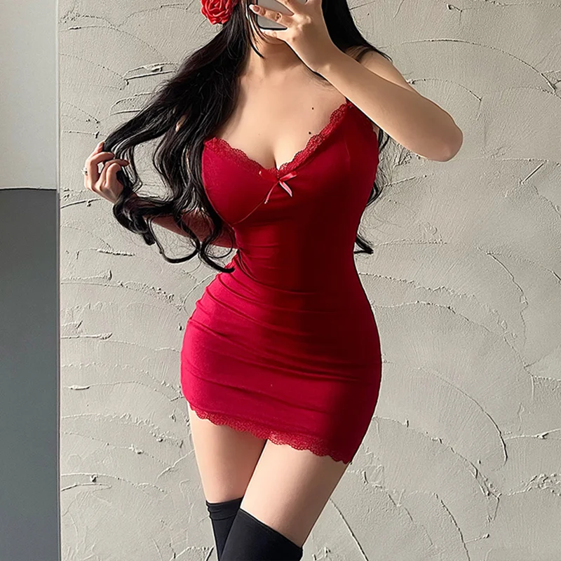 Sexy Lace Splicing Sleeveless Mini Dress Women Skinny Sling Red Sundress Short Club Summer Black Bodycon Dresses Party Girls - Image 5
