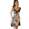 Sexy Lingerie Lace Padded Push Up Satin Print Nightgown Robe Loungewear Set Babydoll Slips Gowns Women Flounce Sleeve Hot Erotic