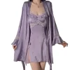 Sexy Lingerie Satin Jacquard Mesh Sheer See Through Push Up Padded Deep V Open Back Babydoll Slip Robe Set Women Erotic Hot