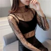 Sexy Women Mesh T-Shirts See-Through Perspective Tshirt Sunscreen Tops Long Sleeve Bottoming Shirts Club Party Black Tee Shirts