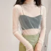 Sexy Women Mesh T-Shirts Transparent Lace Blouse Long Sleeve See Through Tops For Women O Neck Sheer Tees Chiffon Crop Top