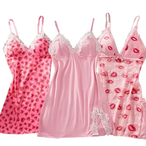 Sexy Women's Suspender Sleeping Dress Printed Patchwork Lace Slit Sexy Nightdress Set Babydoll Erotic Underwear Festival Gift