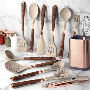 Silicone Cooking Utensils Set Non-Scratch Non-Stick Heat Resistant Spatula Spoon Rose Gold Handle With Bucket Kitchen Gift