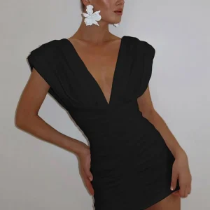 Sisterlinda Shirring Deep V-neck Mini Dresses Classic Solid Sleeveless Cleavage Body-shaping Vesidos Female Trend Basic Frock