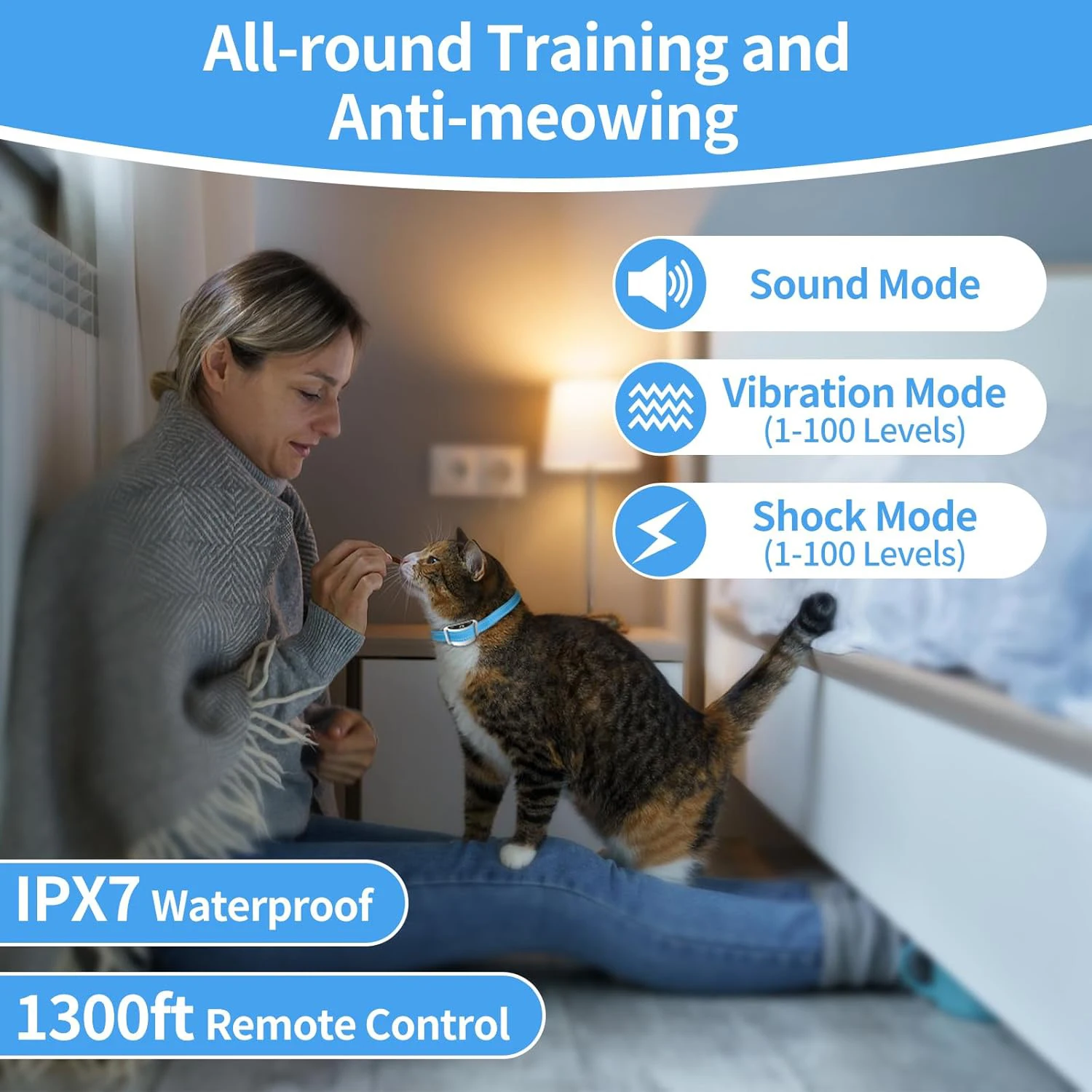Smart Anti-Meow Cat Collar - 3 Modes (Sound/Vibration/Shock ), 1300FT Range, LED Display, USB Rechargeable, Auto Mode,Flashlight - Image 3