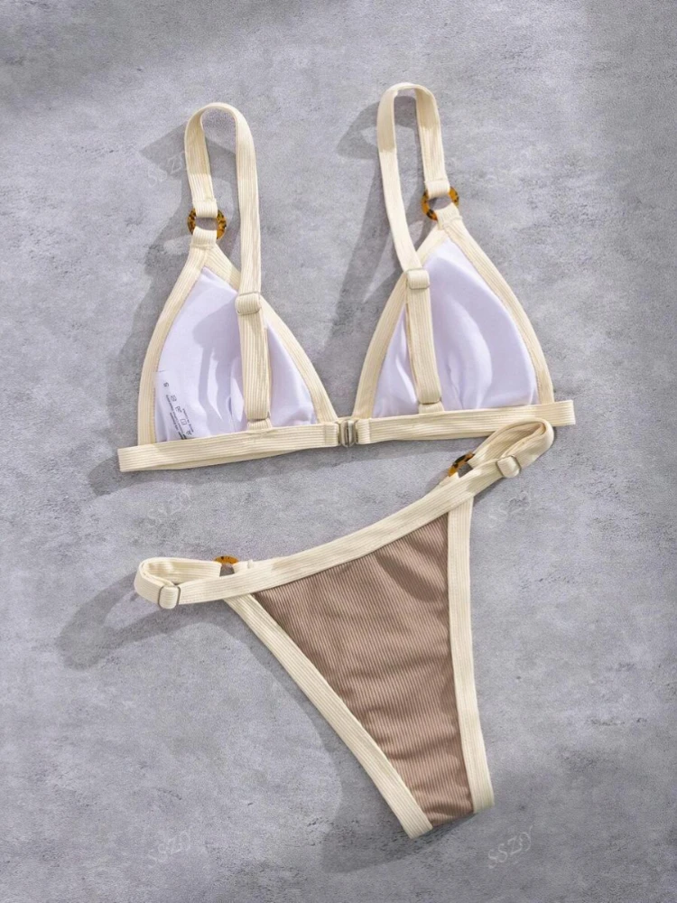 Splicing Ribbed High Cut Rings Bikini Women Swimsuit Female Swimwear Two-pieces Bikini Set Bather Bathing Suit Swim Beachwear - Image 6