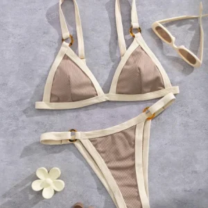 Splicing Ribbed High Cut Rings Bikini Women Swimsuit Female Swimwear Two-pieces Bikini Set Bather Bathing Suit Swim Beachwear