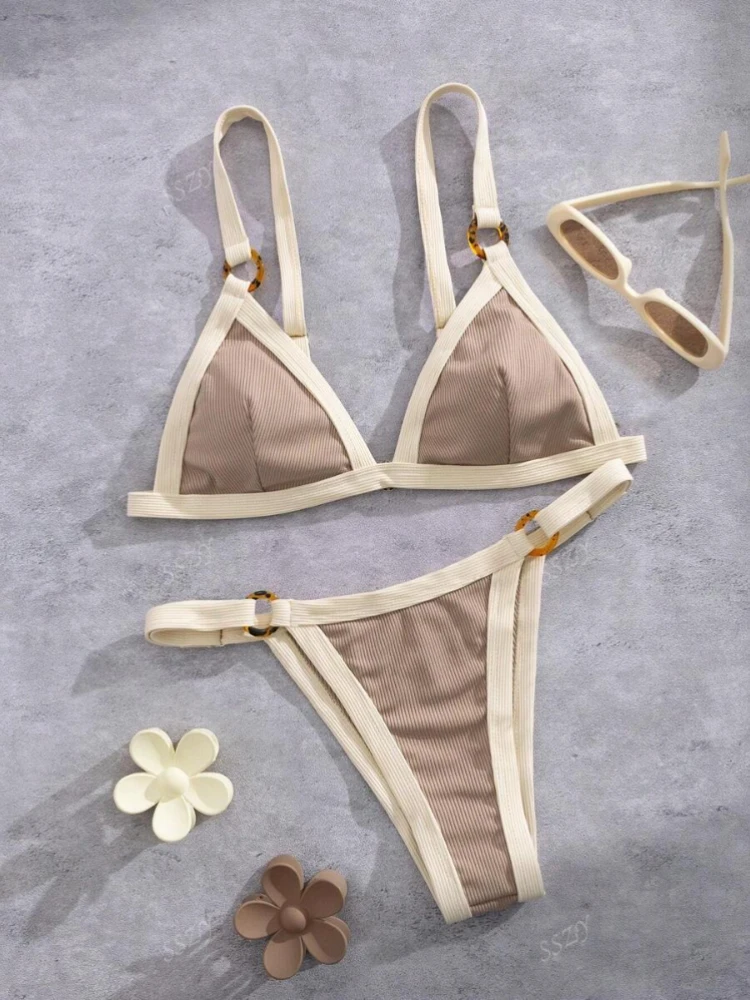 Splicing Ribbed High Cut Rings Bikini Women Swimsuit Female Swimwear Two-pieces Bikini Set Bather Bathing Suit Swim Beachwear