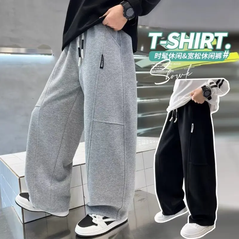 Spring 5-14Y Kids Wide Leg Sweatpants Teenage Boys Sports Pants Streetwear Fashion Loose Trousers Children Elastic Waist Pants - Image 2