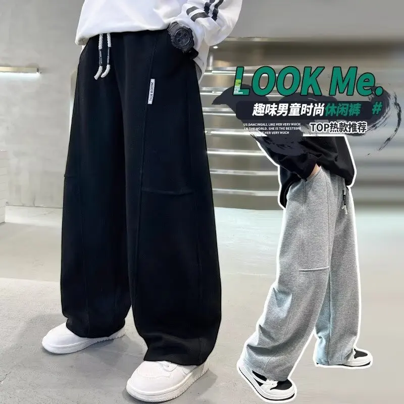 Spring 5-14Y Kids Wide Leg Sweatpants Teenage Boys Sports Pants Streetwear Fashion Loose Trousers Children Elastic Waist Pants - Image 4