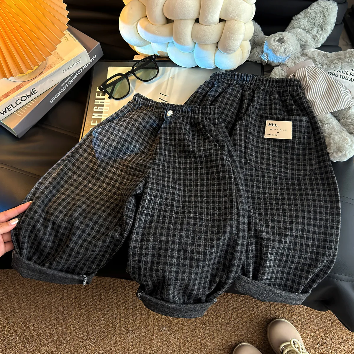 Spring Autumn Children Pants 1-8Y Boys Black Plaid Loose Casual Straight Trousers Korean Toddler Wear For Kids Clothes New