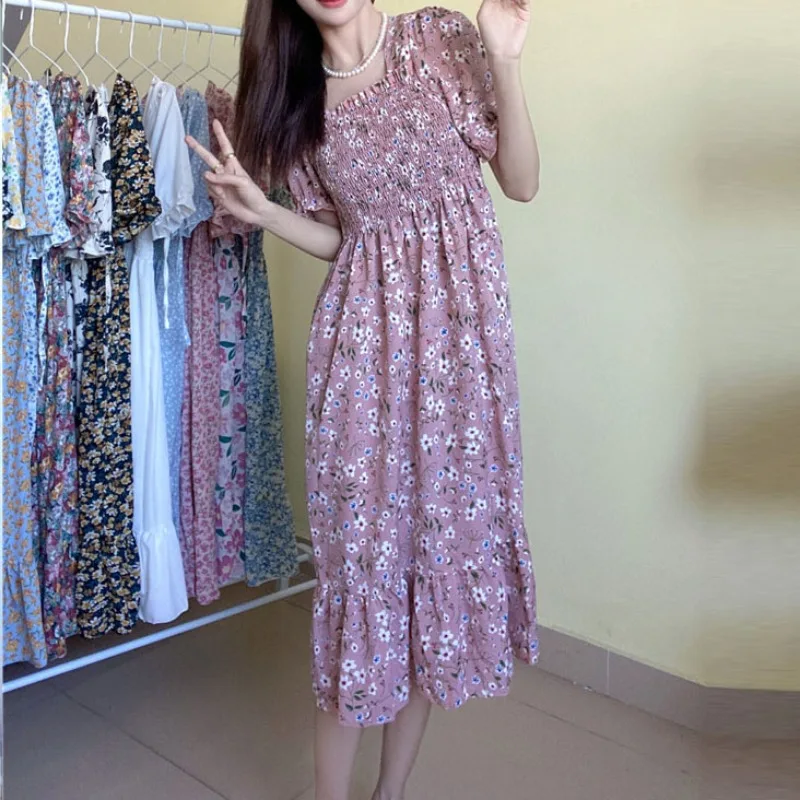 Spring Summer Elastic Waist Chiffon Dress Women Casual Dresses Vestidos Fashion Female Short Sleeve Pleated A-line Dresses - Image 4