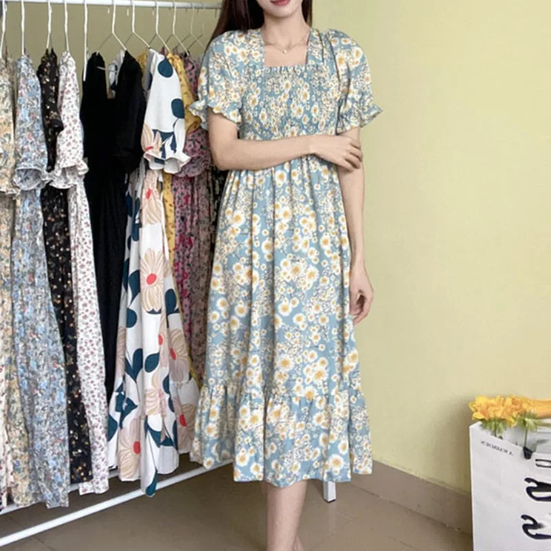 Spring Summer Elastic Waist Chiffon Dress Women Casual Dresses Vestidos Fashion Female Short Sleeve Pleated A-line Dresses - Image 3