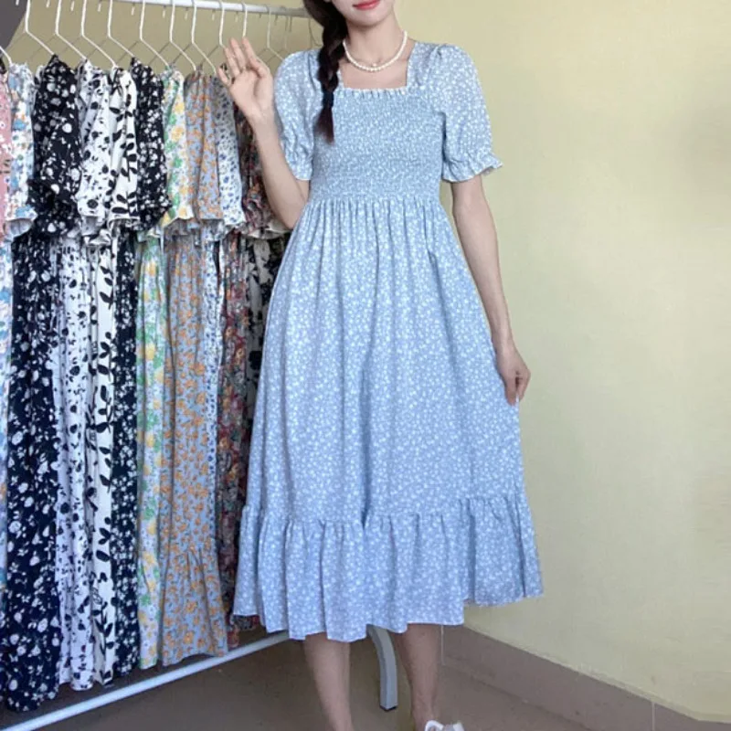 Spring Summer Elastic Waist Chiffon Dress Women Casual Dresses Vestidos Fashion Female Short Sleeve Pleated A-line Dresses - Image 5