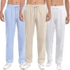 Spring Summer Long Pants for Men Cotton Linen Solid Color Lightweight Pants Casual Sweatpants Elastic Waist Basic Style Trousers