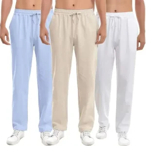 Spring Summer Long Pants for Men Cotton Linen Solid Color Lightweight Pants Casual Sweatpants Elastic Waist Basic Style Trousers