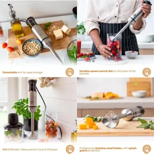 Stainless Steel Handheld Immersion Blender with Chopper and Measuring Jug, 400W Power Blender for Pureeing Baby Food, Soups, and