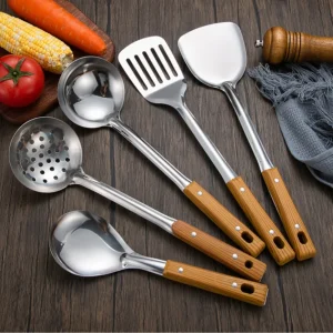 Stainless Steel Kitchen Utensil Set Wooden Handle Wok Spatula Ladle Slotted Spoon Turner Cooking Tools for Home