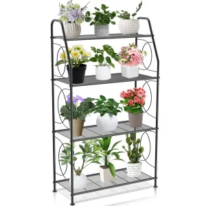 Stand, 4 Tier Plant Shelf for Indoor Outdoor, Heavy Duty Metal Tall Plant Stands Holder Rack for Living Room Balcony and Garden