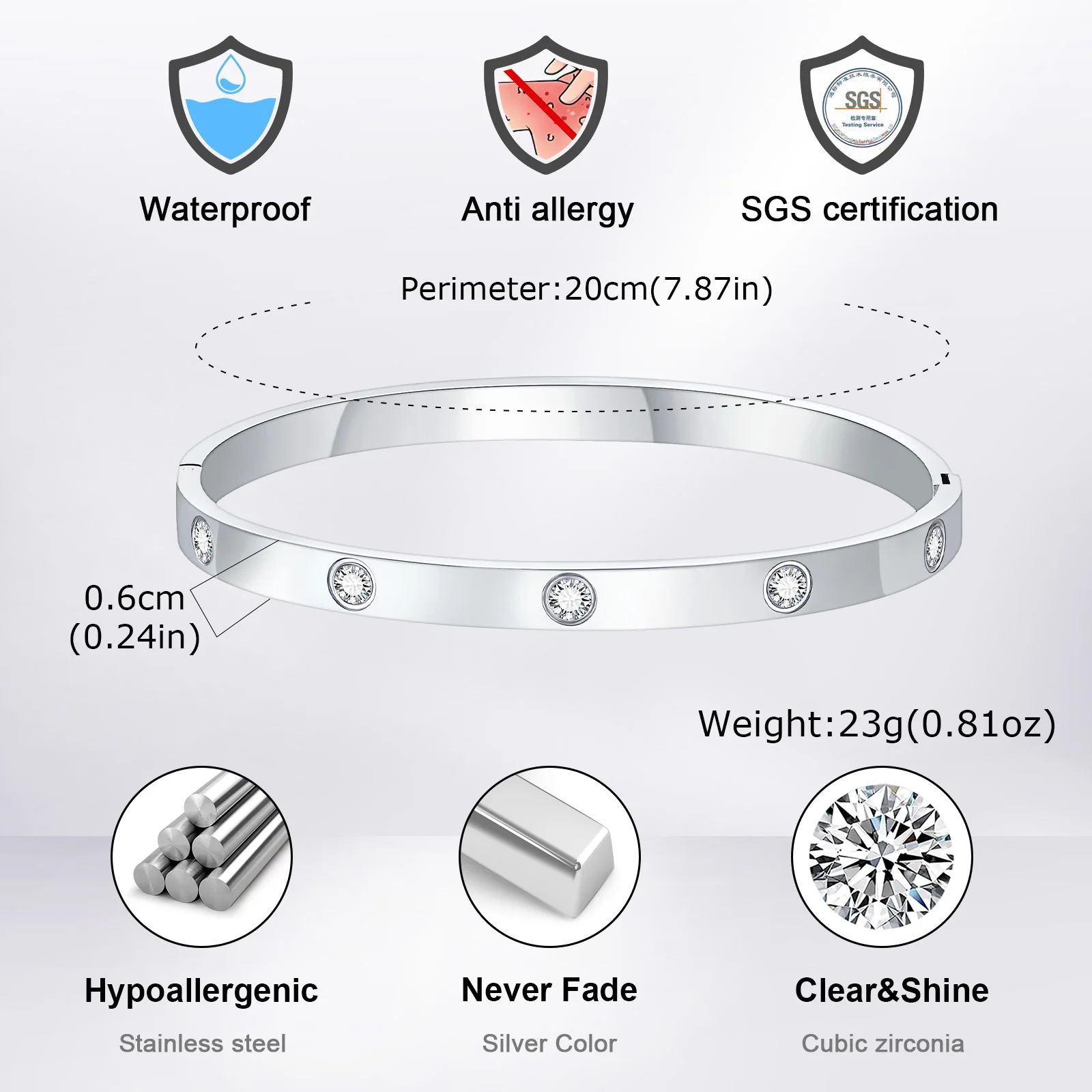 Stylish Men's Bangles,Wateproof Silver Color Stainless Steel Bangle Bracelet,Anniversary Valentine's Day Birthday Gift - Image 5