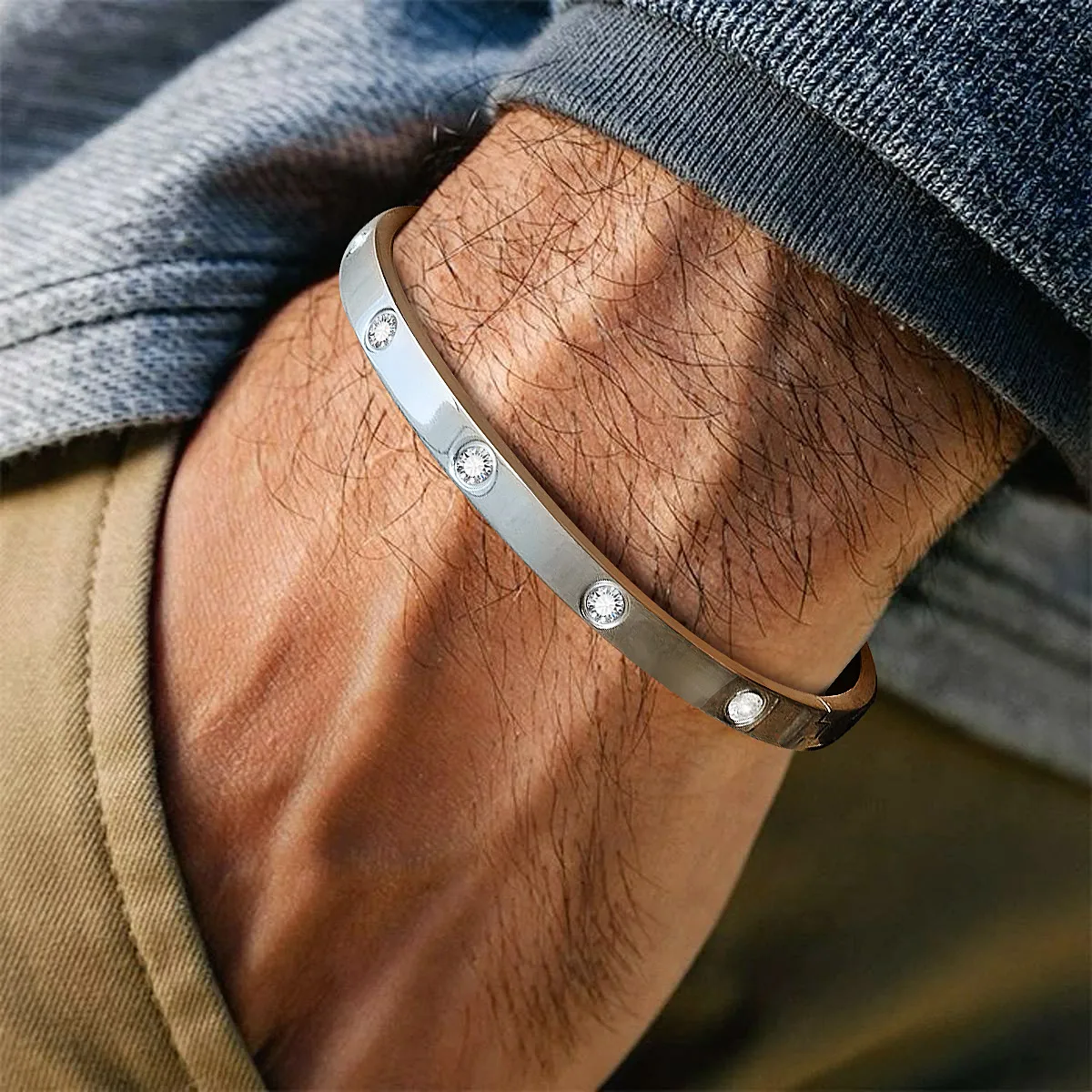 Stylish Men's Bangles,Wateproof Silver Color Stainless Steel Bangle Bracelet,Anniversary Valentine's Day Birthday Gift