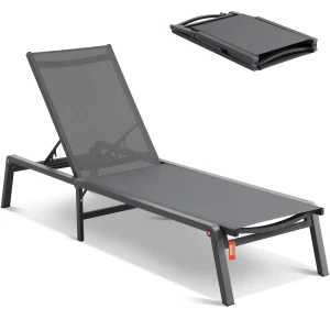 SucceBuy Chaise Lounge Chair Outdoor Aluminum Patio LoungeFolding Pool Lounge Recliner Full Flat for Patio Beach Pool Dark Grey