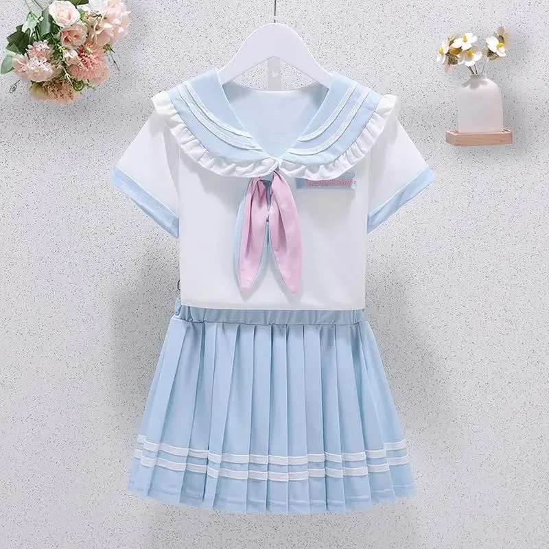 Summer Children Girls Student Uniform Set JK Mandarin Collar Tshirts and Pleated Skirts 2 Pieces Suit Kid Top Bottom Clothes - Image 4