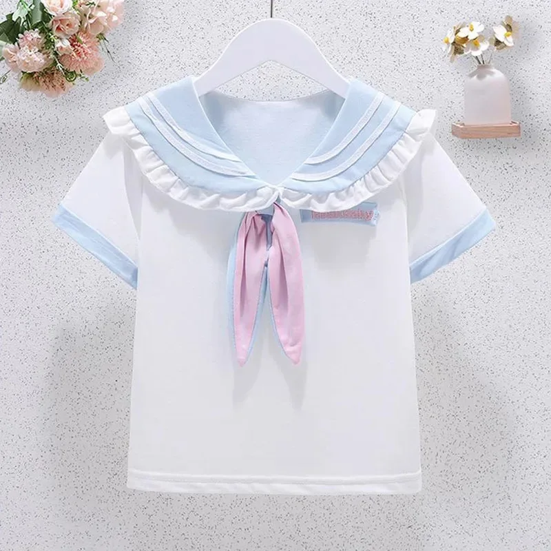 Summer Children Girls Student Uniform Set JK Mandarin Collar Tshirts and Pleated Skirts 2 Pieces Suit Kid Top Bottom Clothes - Image 3