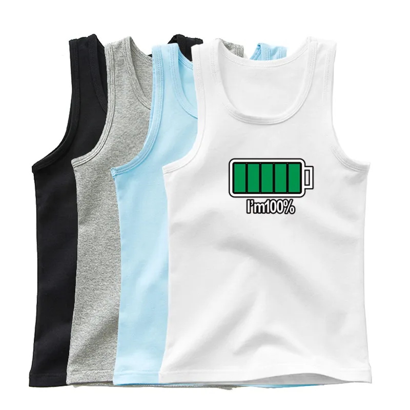 Summer Kids Cotton Vest Boys Girls Cartoon Battery Printed Sleeveless T-shirt For 3-14 Years Children Singlet Clothing - Image 2