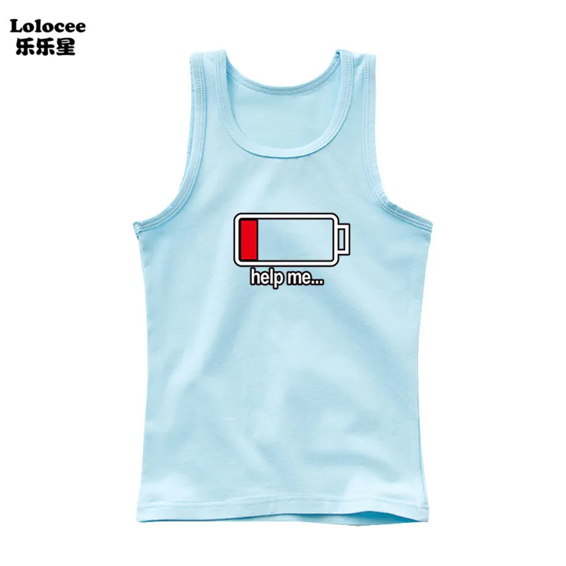Summer Kids Cotton Vest Boys Girls Cartoon Battery Printed Sleeveless T-shirt For 3-14 Years Children Singlet Clothing - Image 4