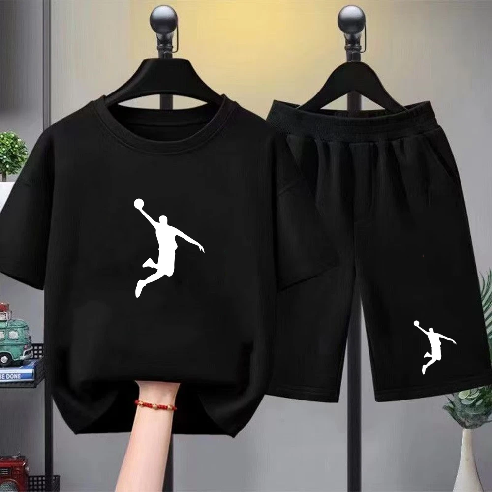 Summer Kids White T-shirt+Shorts Two-Piece Set Print Boys Girls Toddler 3-12Yrs Tshirt Sports Casual basketball player Clothes - Image 2