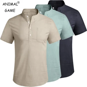 Summer Men's Casual Stand Collar Solid Color Short Sleeve Cotton Lightweight Shirt Trendy Breathable Loose Basic Pocket Top