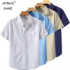 Summer Mens Short Sleeve Shirts Solid Color Stand Collar Oversize T Shirts Breathable Loose Youth Basic Cotton Pocket Shirts Man