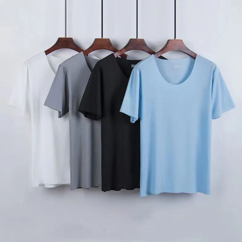 Summer New Men's Ice Silk Pajamas Homewear Suit Summer Homewear Suit Modal Non-marking Thin Short-Sleeved Men's T-Shirt - Image 3