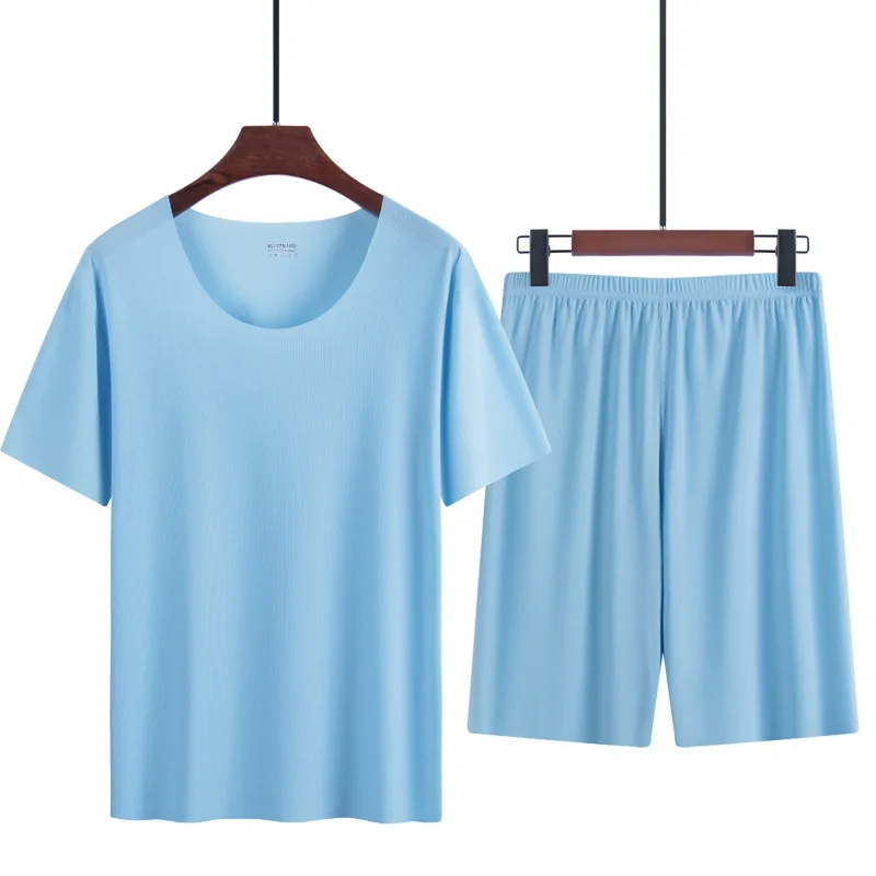 Summer New Men's Ice Silk Pajamas Homewear Suit Summer Homewear Suit Modal Non-marking Thin Short-Sleeved Men's T-Shirt - Image 4