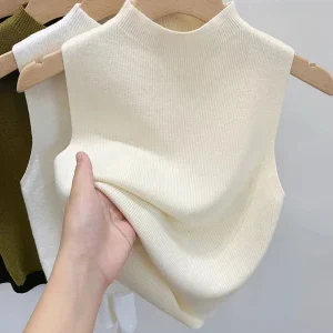 Summer Women Sleeveless Vest Knitted Tank Top Slim Fit Sexy Turtleneck Tees Female Street Fashion Tees 4 Colors